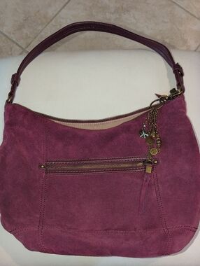 The Sak Plum Suede Shoulder Bag with Sak Keychain/ Bag charm